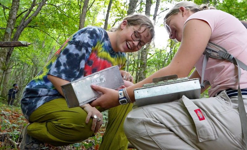 Field research Students take readings from equipment in the forest of southwestern Virginia as part of the Wildlife Field Techniques course.